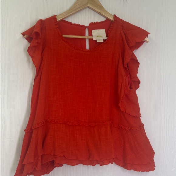 Anthropologie - Maeve Cascade Orange Ruffled Short Sleeve Blouse Size Small - Picture 7 of 10